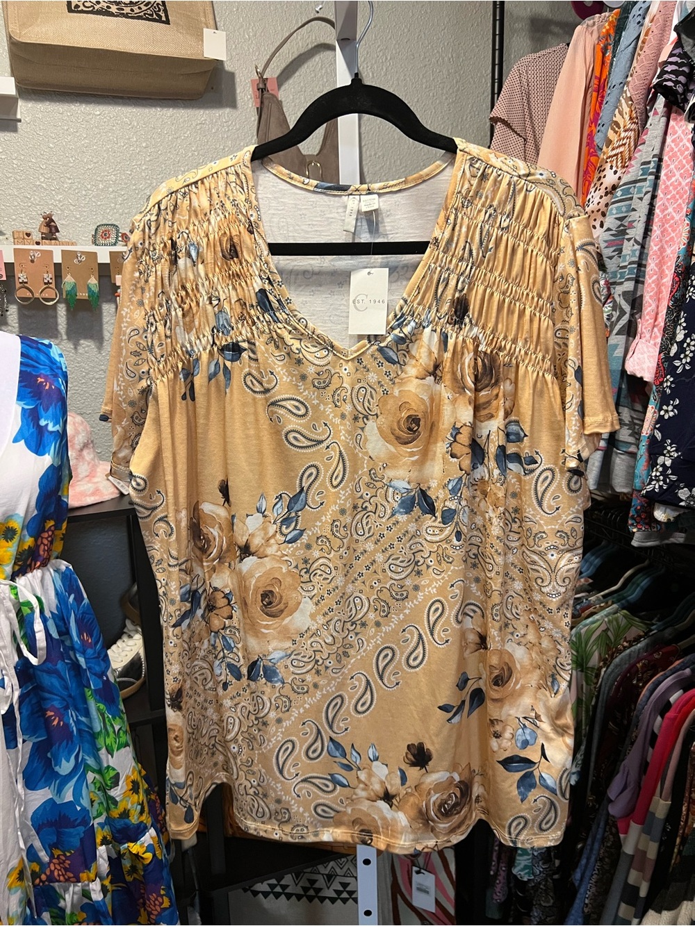 Cato Tan Floral V-Neck Smocked Shoulder Top